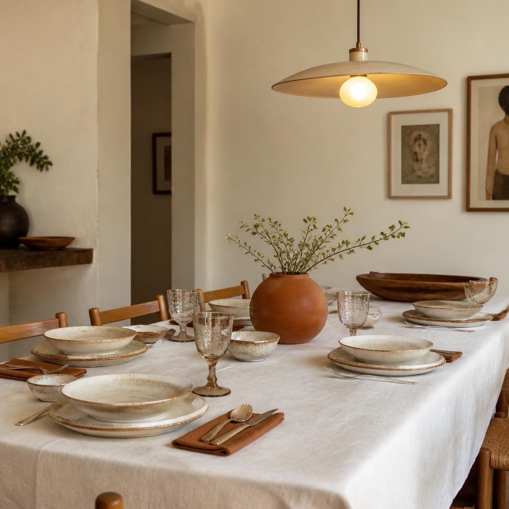 Mesa posta com toalha clara, pratos em camadas, copos de vidro e vaso de terracota sob uma luminária pendente