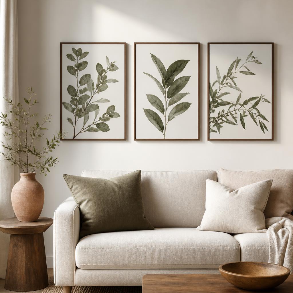 Três gravuras botânicas em molduras de madeira sobre um sofá claro, compondo uma parede de estar serena
